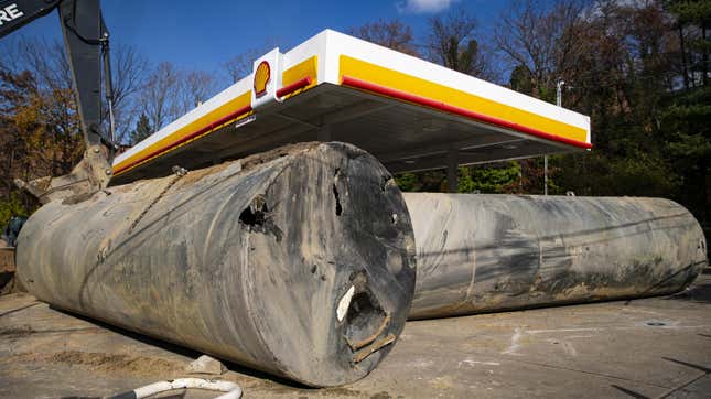 Gas storage containers at a closed Shell gas station in Washington, DC, US, on Tuesday, Nov. 28, 2003.
